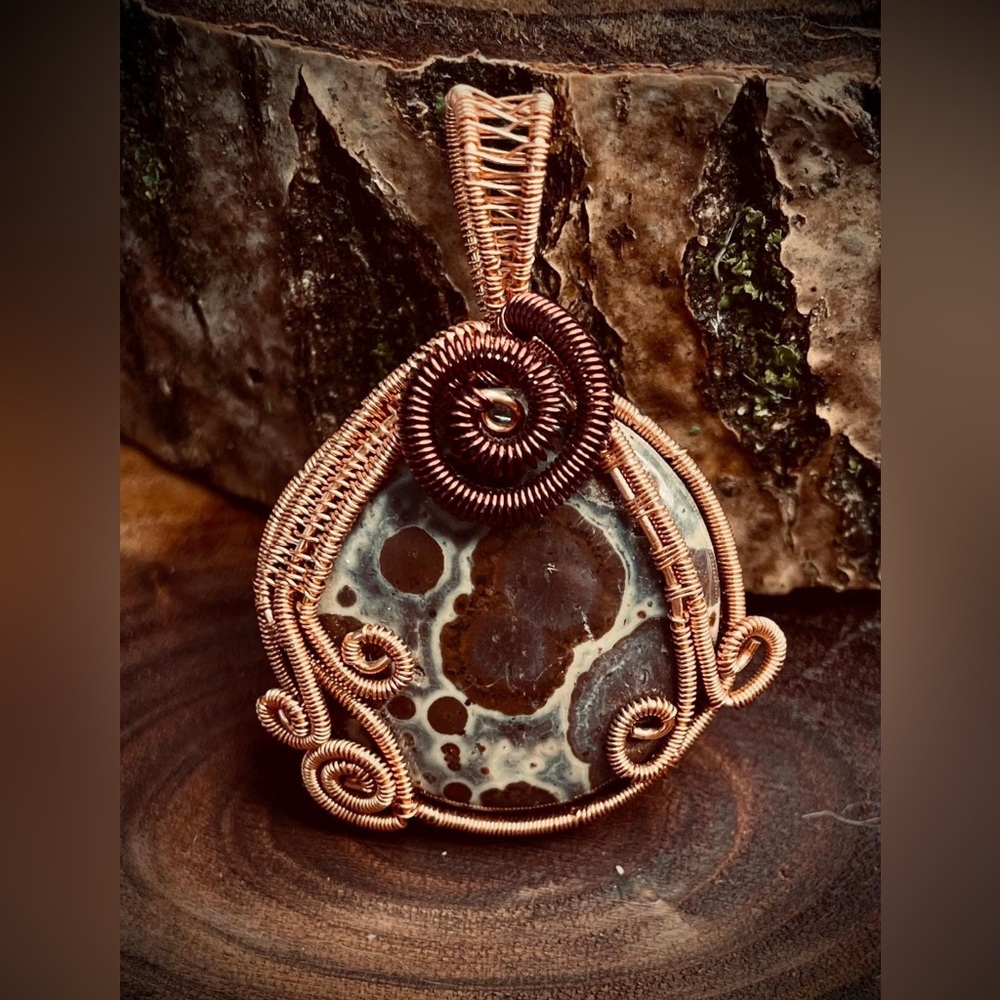 Copper Wire Wrapped Jasper Pendant, Round Cabochon, Attributed Jody Waltman